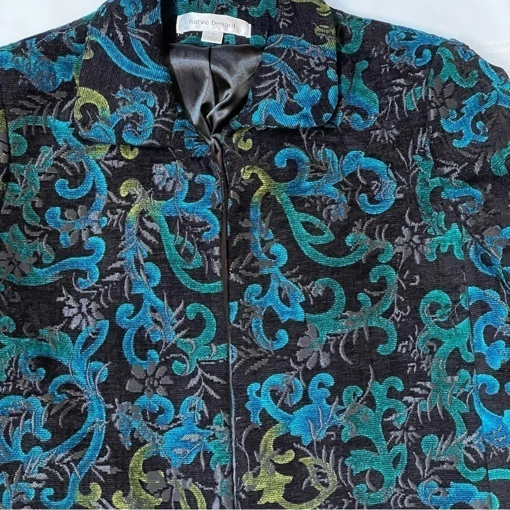 Harvé Benard Black Teal‎ Velvet Damask Open Front Jacket Blazer Sz 12